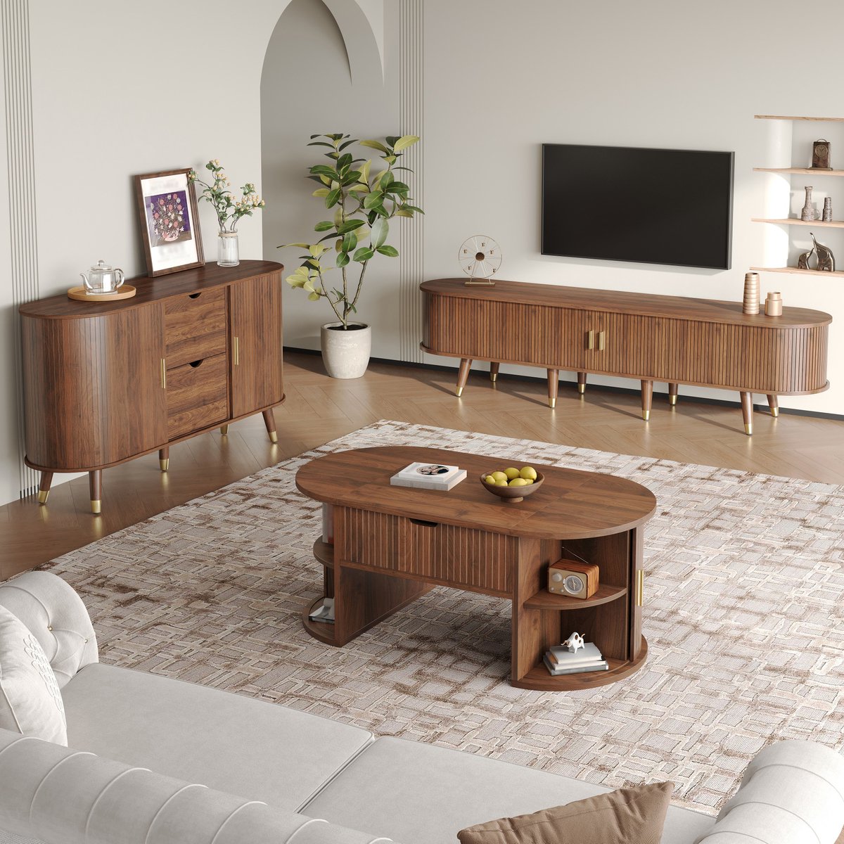 MODFU Woonkamermeubelset – 3-delige set met schuifdeuren & hefbaar salontafelblad – Retro design – MDF – Walnootkleur