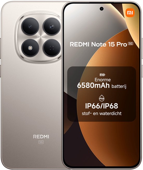 Redmi Note 15 Pro 5G doré avec quatre caméras arrière et "batterie 6580mAh" et "IP66/IP68 étanche à la poussière et à l'eau" sur l'écran.