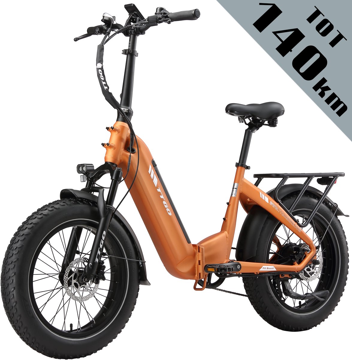 TTGO F6 Bost Elektrische Fiets – 48V 18Ah Lithium Accu – Actieradius tot 140 km – Opvouwbaar – 20×4.0 inch Fatbike Banden – Hydraulische Schijfrem –Aluminium Frame–48V 250W Achterwielmotor–Verende Voorvork met Lock-out–Elektrische Stadsfiets–Oranje