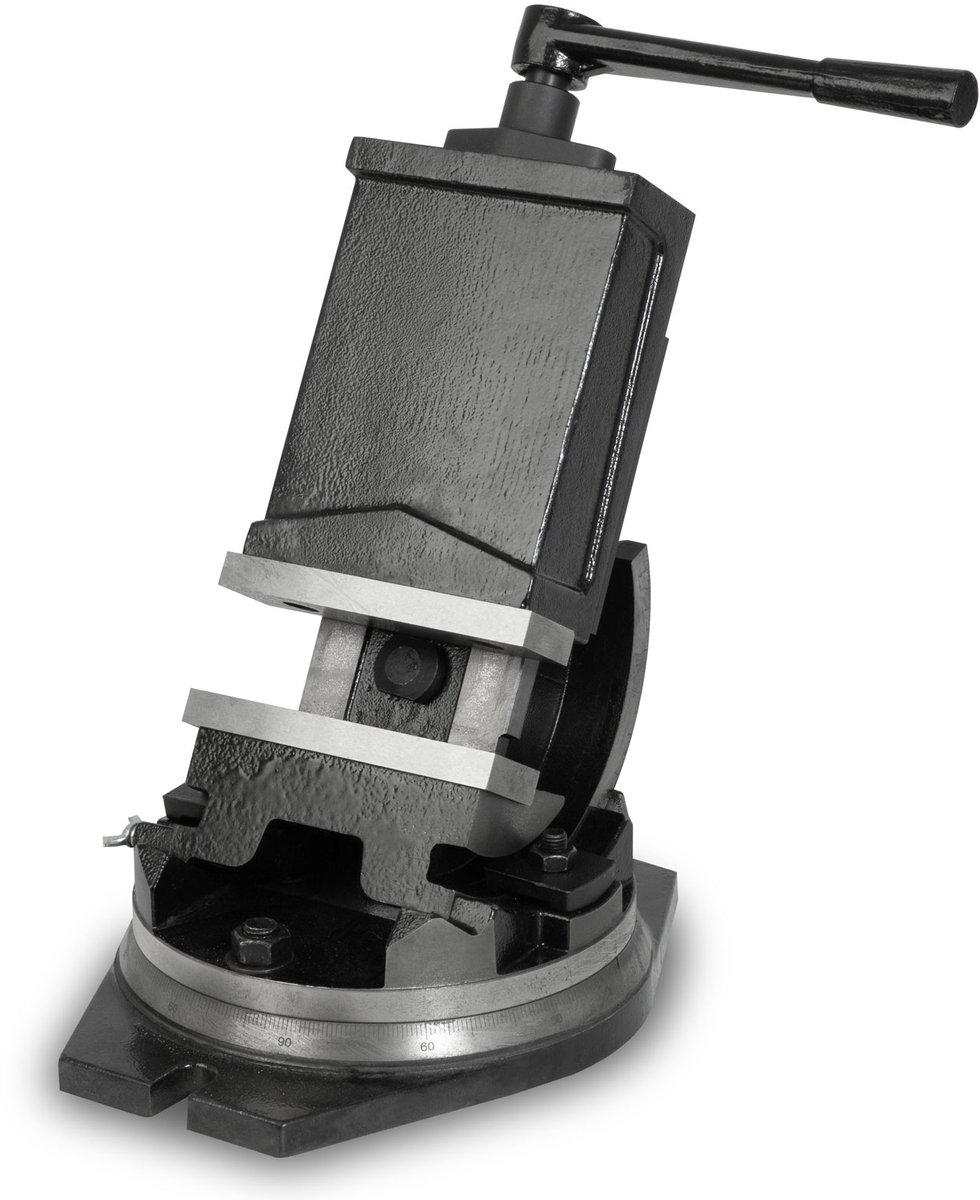 EBERTH machineklem, draaibaar en kantelbaar, gemaakt van gegoten staal, max. klembreedte 125 mm, bekbreedte 160 mm, klem voor boormachine, kantelbaar 0°-90°, 360° draaibaar