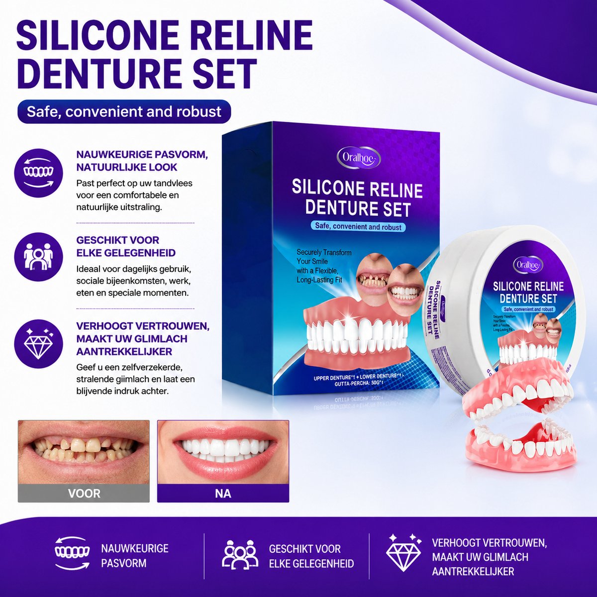 Oralhoe Pro Doe-het-zelf Gebitsprothese Reline Set - 50g Silicone voor Thuis Aanpassen - Inclusief Boven- & Onderkaak - Voor Losse Protheses (Veilig & Comfortabel)