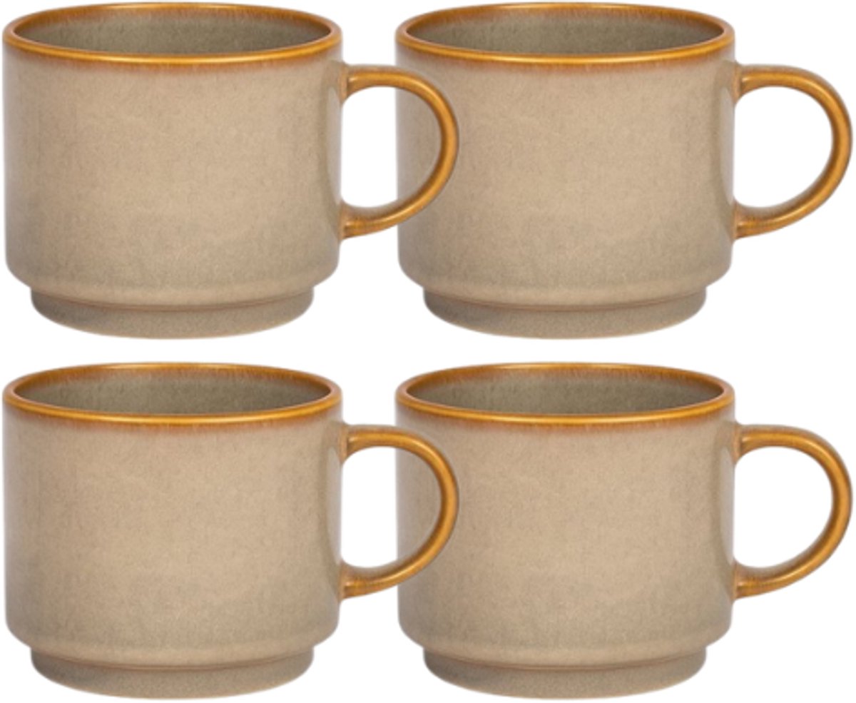 MPLCo - Stack Mok - Koffiemok met Reactieve Glazuur Handgemaakt Design - Set van 4 - Theemok - Modern Minimalistisch Servies - voor Koffie Thee Espresso - Vaatwasserbestendig - Keramiek - 350 ml - Grijs / Beige met Bruine Tinten