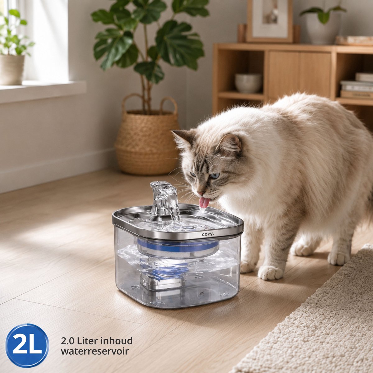 cozy.® Drinkfontein Kat Pro 2026 - Waterfontein Kat 2.0L - Kattenfontein - Waterbak Kat - Waterdispenser Kat - Muisstil & Automatisch - Inclusief Filter & Temp. Controle - Anti knoei Drinkbak thumbnail 6