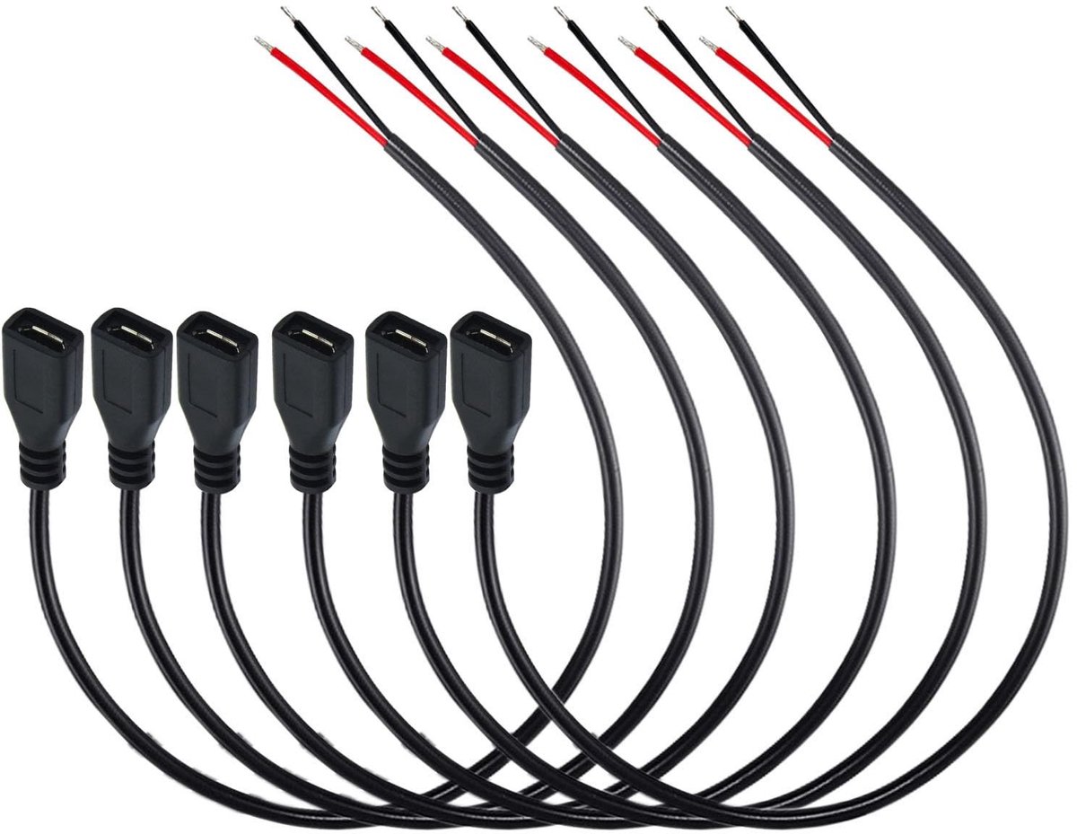 6-Pack Micro USB Pigtail Kabel 30 cm - 22 AWG voor LED en Ventilatoren