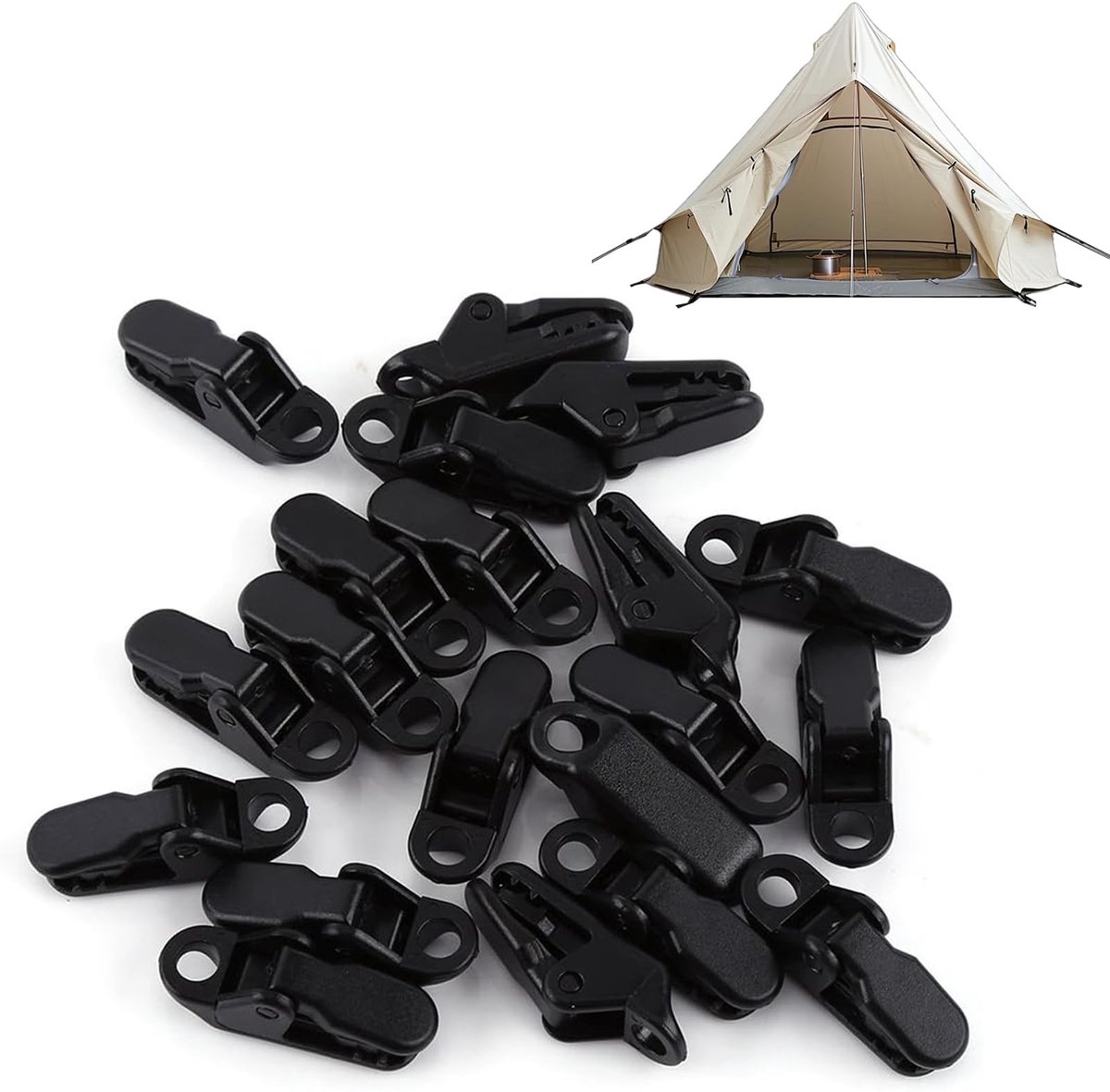Vlemico - Tent Clips - Sterke Grip - Duurzaam en Lichtgewicht - Zwart - Voor Tenten en Zeilen - Ideaal voor Kamperen - Set van 20 Clips