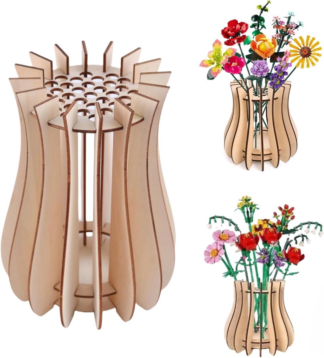 Houten Bloemenvaas Puzzel – Displaystand voor Bouwbloemen en Kunstbloemen – Decoratie voor Woonkamer en Kantoor – Cadeau voor Bouwstenen Liefhebbers