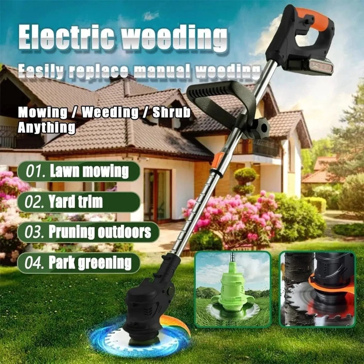 3-in-1 Kantenmaaier – Grastrimmer – Bosmaaier – Grasmaaier – Draadloos & Elektrisch – Incl. 2 accu's en oplader - met telescopische steel + extra handgreep - voor Tuin – foto 2