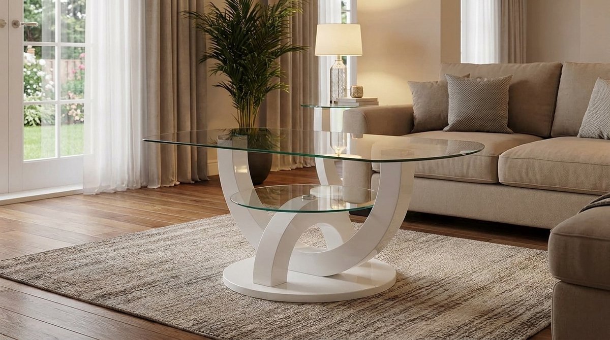 Glazen Salontafel Hoogglans Wit – House&Garden Luxe Design Koffietafel met Gehard Glas & U-Vorm RVS Frame, Moderne Woonkamertafel 110×60×40 cm, 2-Laags Design, Stijlvolle Design Tafel voor Woonkamer