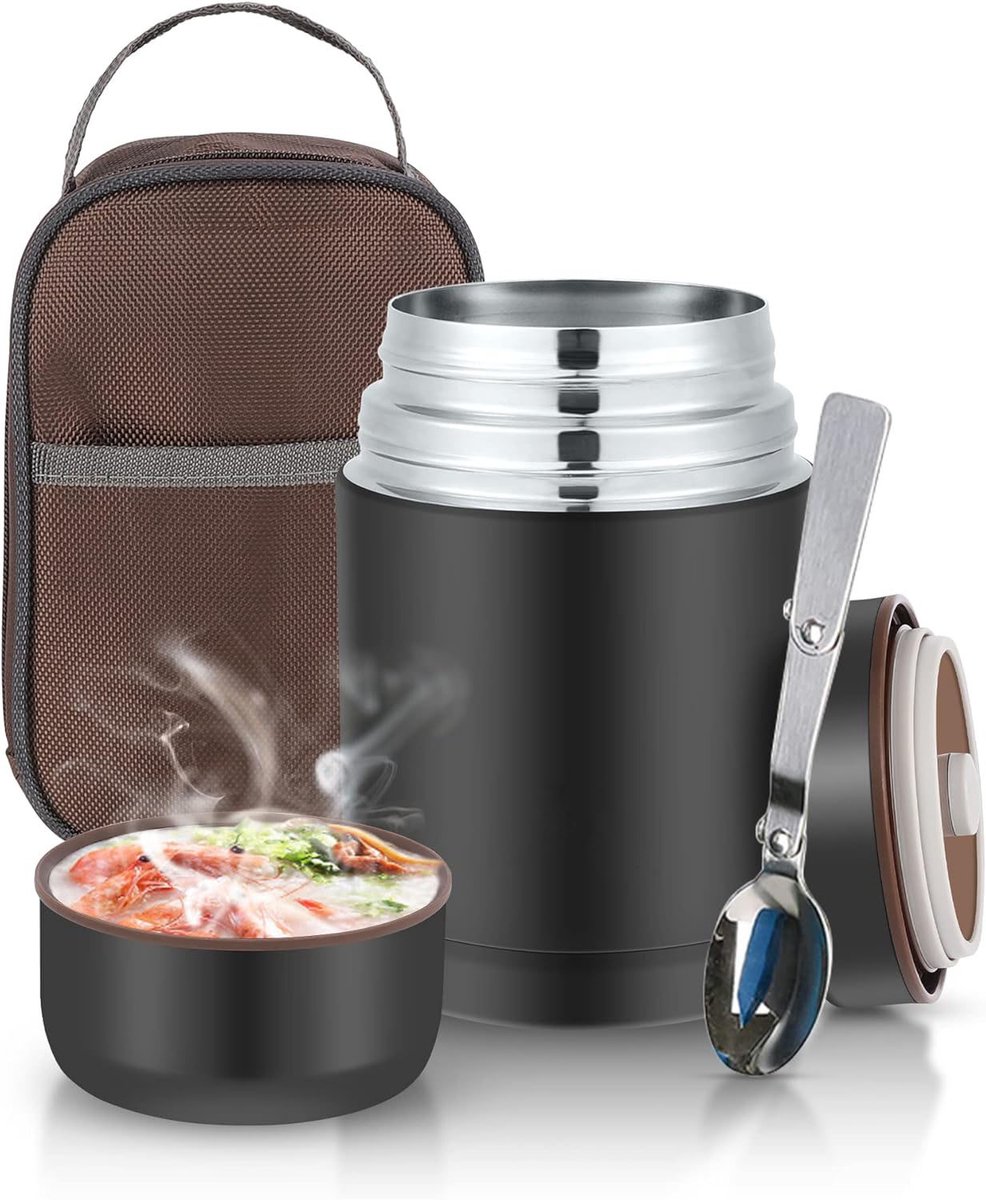 Thermos Voedselcontainer 800ml RVS – Lunch Thermos voor Warm & Koud Eten tot 12u – Lekvrij Soepbeker – Inclusief Lepel & Draagtas – Thermos Lunchbox voor Werk School Reizen