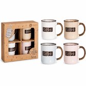 Set van 4 Koffiemokken – Steengoed Mokken 200 ml – Coffee Mokken in 4 Kleuren – Met Gegraveerde Tekst & Metallic Glazuur – In Kraft Geschenkdoos