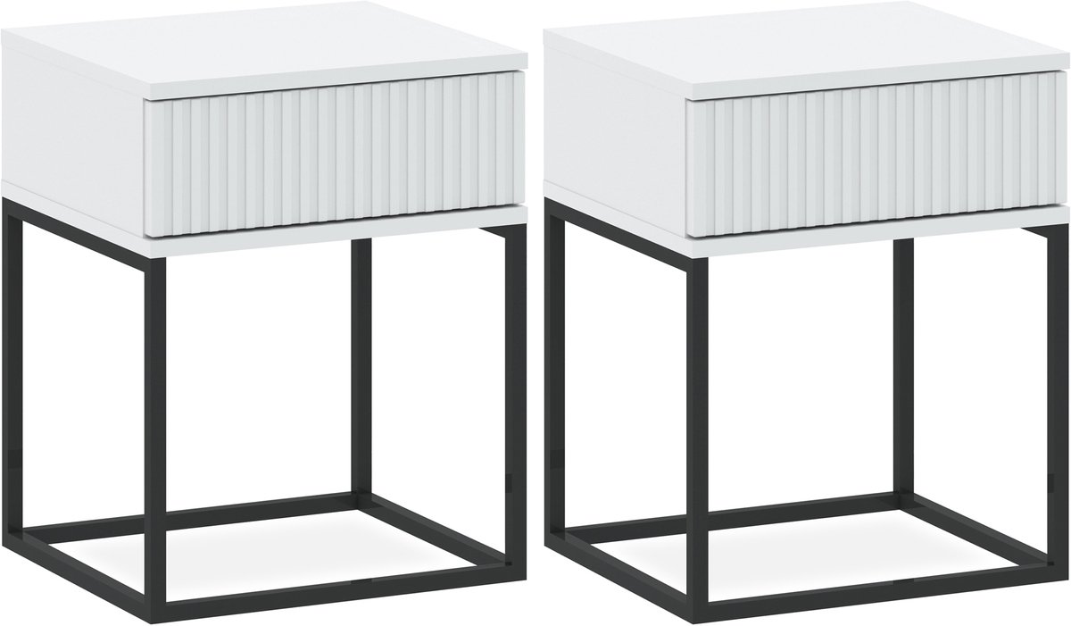 KONSIMO® RECTUS Nachtkastje Set van 2 - met lade - Bijzettafeltjes (2 stuks) - Wit - 40x52x39 cm