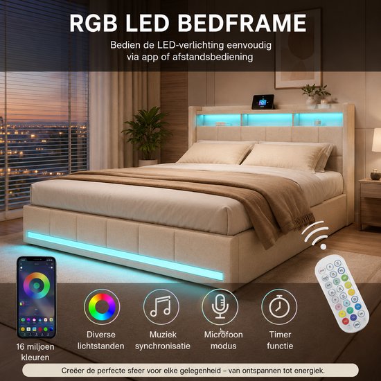 Lichtbeige gestoffeerd tweepersoonsbed met RGB LED-verlichting, bedienbaar via app of afstandsbediening. "RGB LED BEDFRAME"
