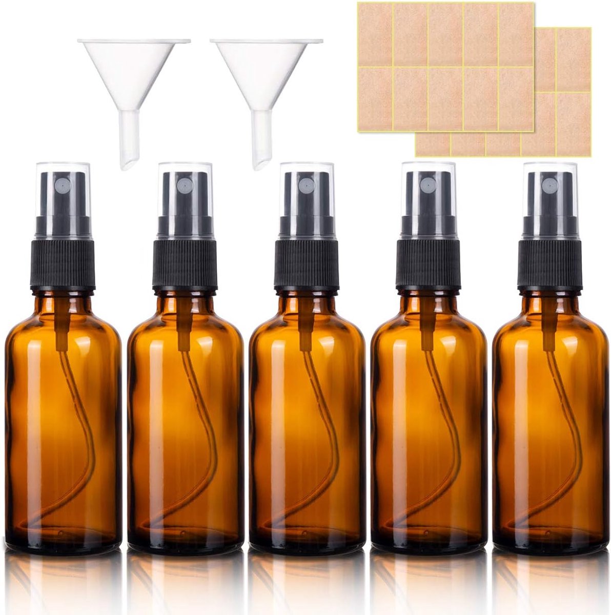 Famanu – Set van 5 amber glazen sprayflessen van 50 ml, ideaal voor parfum, reinigingsmiddelen en cosmetica, inclusief etiketten