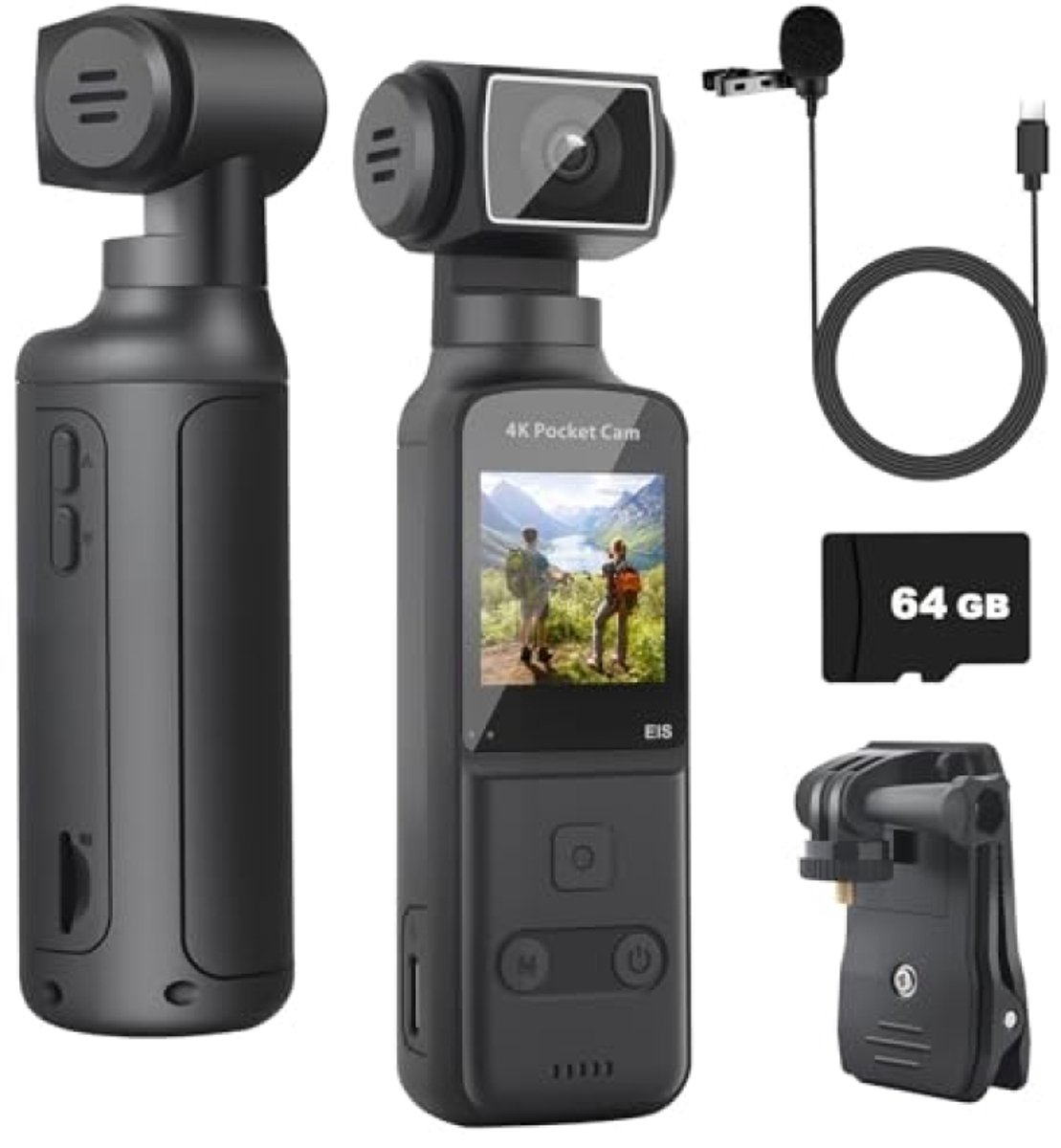 4K body camera met externe microfoon, mini vlog camcorder zakformaat 270° rotatie voor sport, fietsen, reizen, politiegebruik, 64 GB