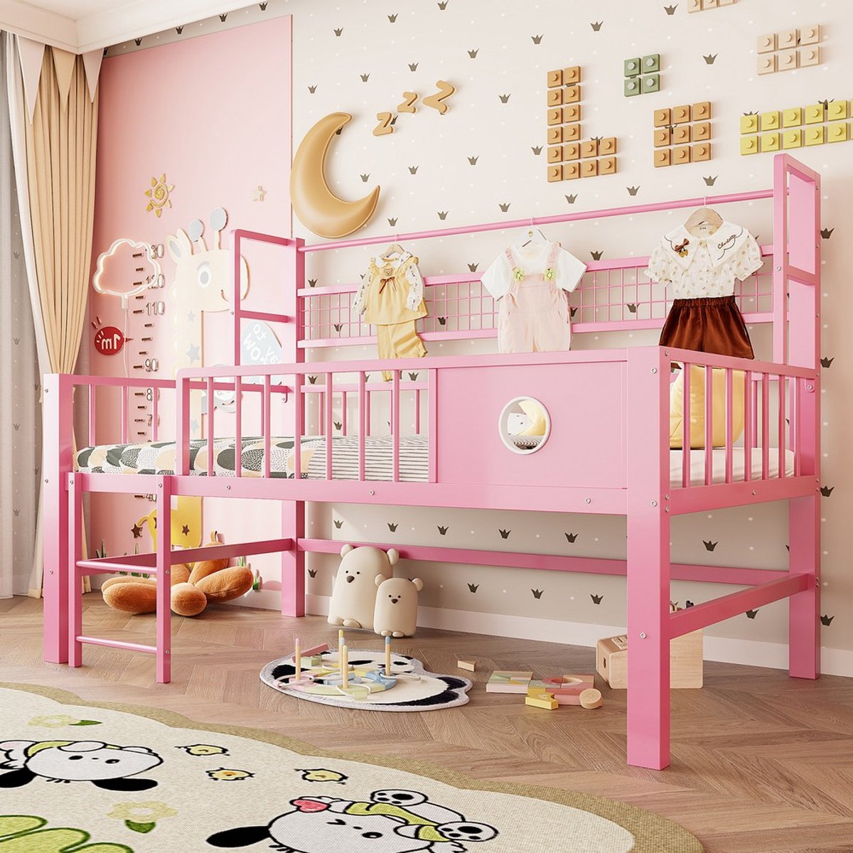 KOMHTOM Kinderbed - 90 x 200 cm - laag hoogslaper - metalen frame - opbergvakken - geschikt voor kinderen en jongeren - roze