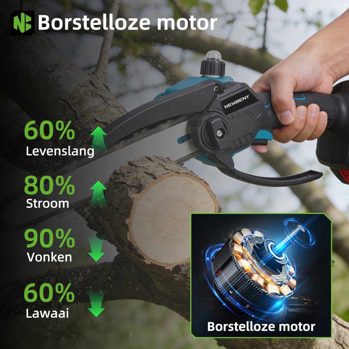 NewBeny Kettingzaag + Telescopische Steel - 6 Inch Kettingzaag - Telescoopsteel Accu-Hoogsnoeier - 1 m tot 2 m - met 2 Accu's - voor Baum- und Heckenschneiden thumbnail 5