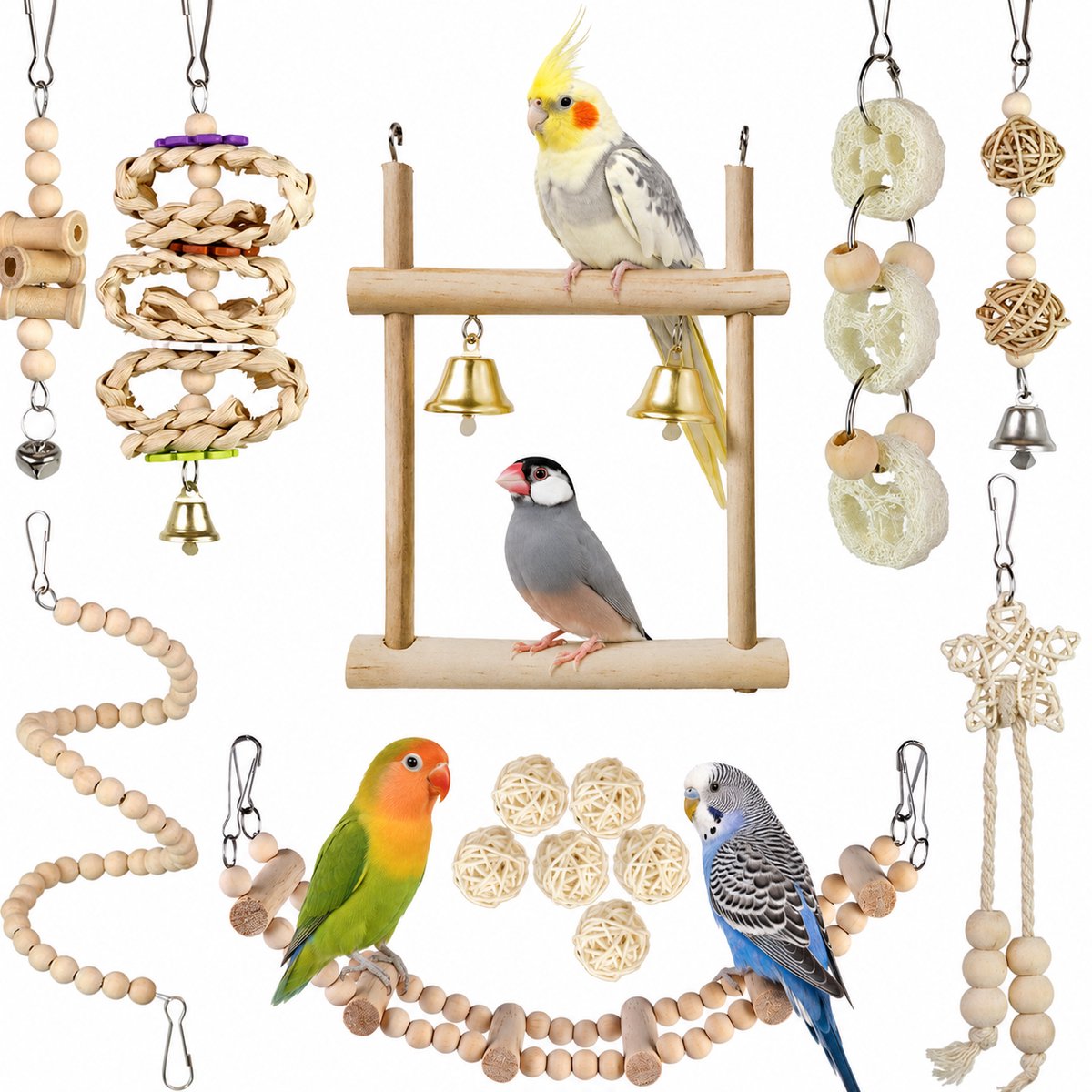 DOWO Vogel Speelgoed Set - 14-delig - Natuurlijk Hout - Papegaaien Speelgoed - Vogelspeelgoed - Parkieten Speelgoed - Vogelkooi Accessoires