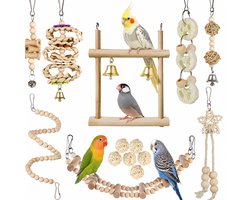 DOWO Vogel Speelgoed Set - 14-delig - Natuurlijk Hout - Papegaaien Speelgoed - Vogelspeelgoed - Parkieten Speelgoed - Vogelkooi Accessoires