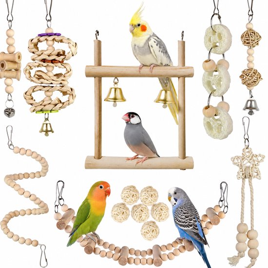 DOWO Vogel Speelgoed Set - 14-delig - Natuurlijk Hout - Papegaaien Speelgoed - Vogelspeelgoed - Parkieten Speelgoed - Vogelkooi Accessoires