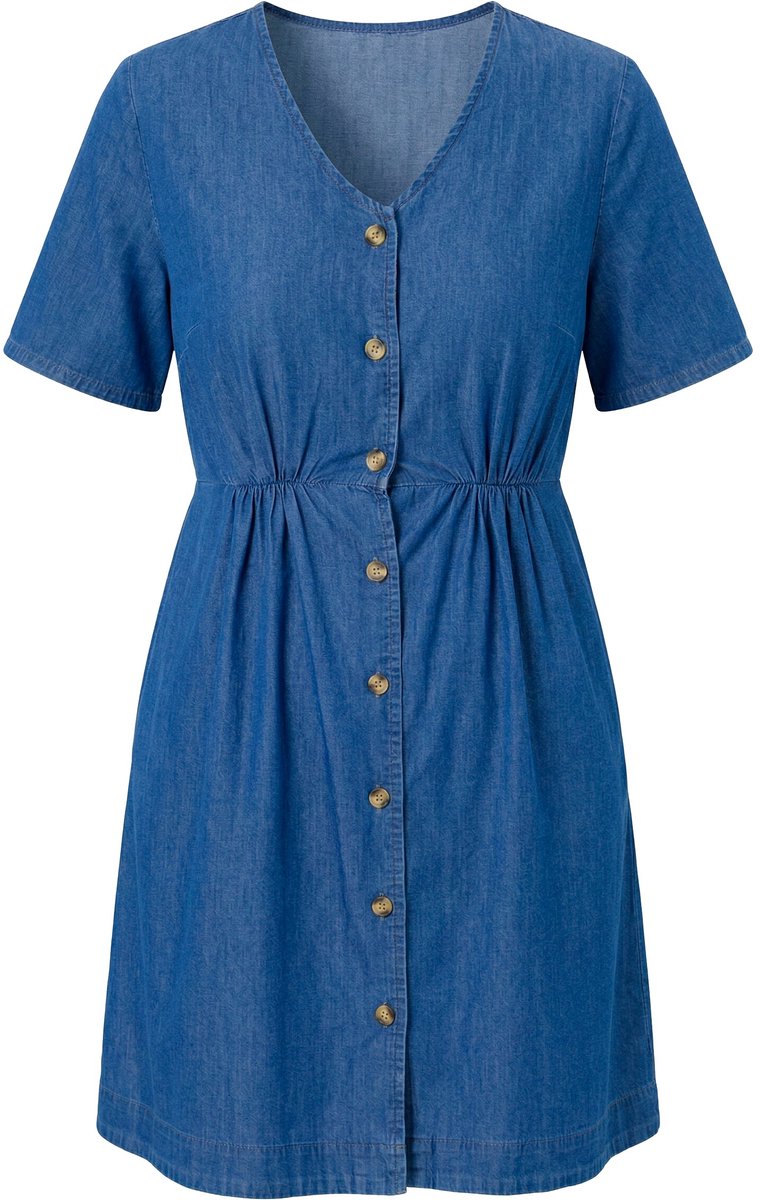 Ulla Popken Dames - Denim jurk A-lijn V-hals korte mouw biologisch katoen - Blauw denim - Maat 50+