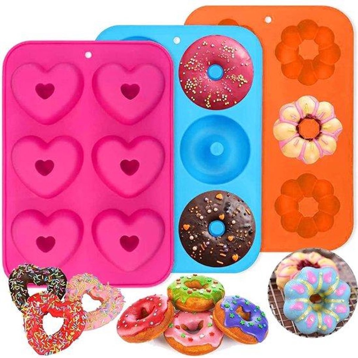 3-delige siliconen donutvorm - 6 holtes - hittebestendig tot 260°C