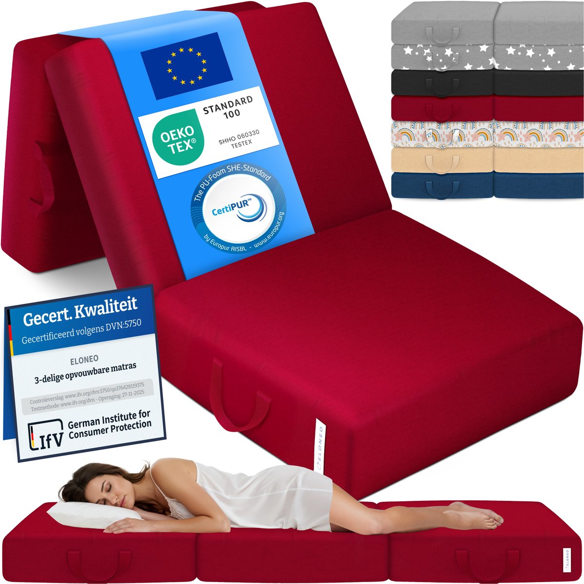ELONEO Opvouwbaar Matras - 3-Delig Vouwmatras, Extra Dik 15 cm Schuim, Wasbaar en Draagbaar Logeermatras voor Volwassenen, Eenpersoonsbed (Rood, 75 x 195 x 15 cm)