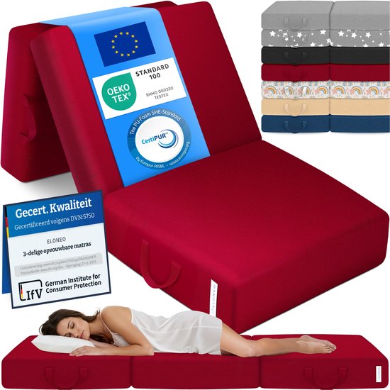 ELONEO Opvouwbaar Matras - 3-Delig Vouwmatras, Extra Dik 15 cm Schuim, Wasbaar en Draagbaar Logeermatras voor Volwassenen, Eenpersoonsbed (Rood, 75 x 195 x 15 cm)