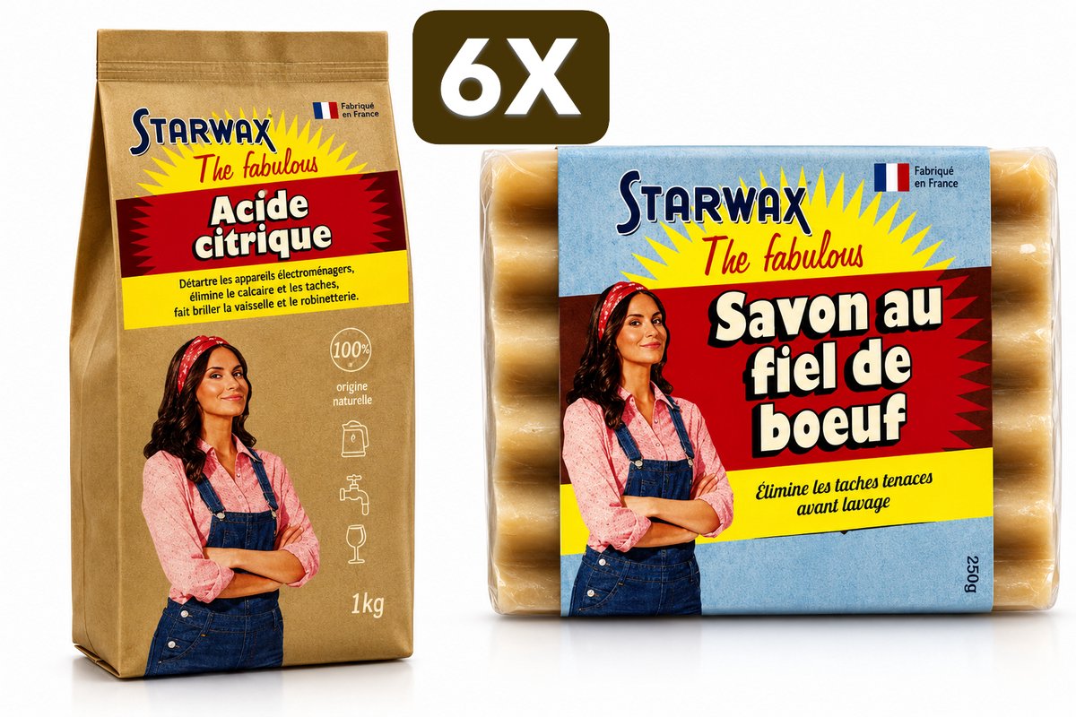6 x STARWAX FABULOUS Citroenzuur 1 kg & Ossengalzeep 100 g – Ontkalker & Vlekverwijderaar – Voor Waterkokers, Koffiemachines & Textiel – Zonder Kleurstoffen