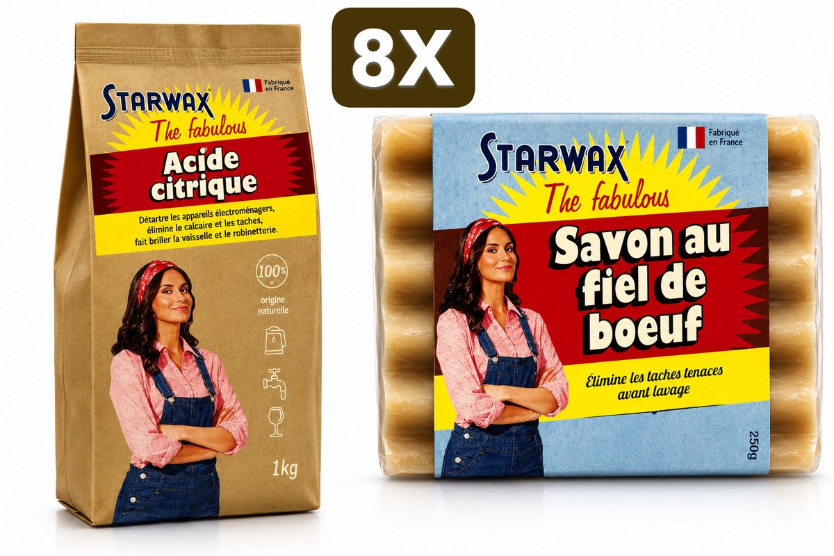 8 x STARWAX FABULOUS Citroenzuur 1 kg & Ossengalzeep 100 g – Ontkalker & Vlekverwijderaar – Voor Waterkokers, Koffiemachines & Textiel – Zonder Kleurstoffen