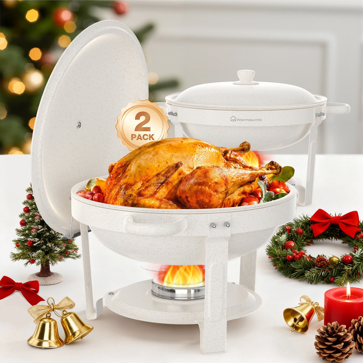 WARMOUNTS Chafing Dish 2-delige Set 4,7L – Ronde Buffet Warmer van RVS met Dekselhouder, Stapelbaar – Voor Catering, Bruiloften & Feesten, Wit