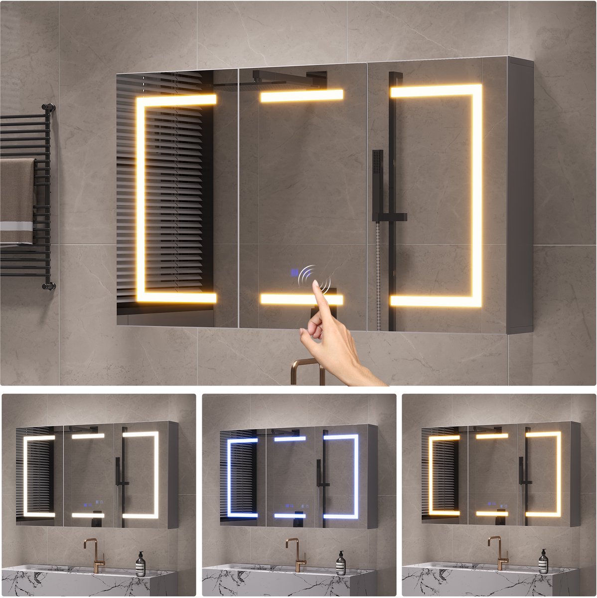 Badkamers piegelkast met verlichting - anticondensfunctie - drie deuren en verstelbare planken - LED-badkamerspiegelkast - 100.4 x 13.5 x 60cm