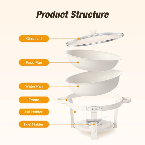 WARMOUNTS 4-delige Ronde Chafing Dish Set 4,7L - Wit, RVS Speisewärmer met Glasdeksel, Stapelbaar, Inclusief Dekselhouder - Voor Buffet, Bruiloft & Feest — afbeelding 5