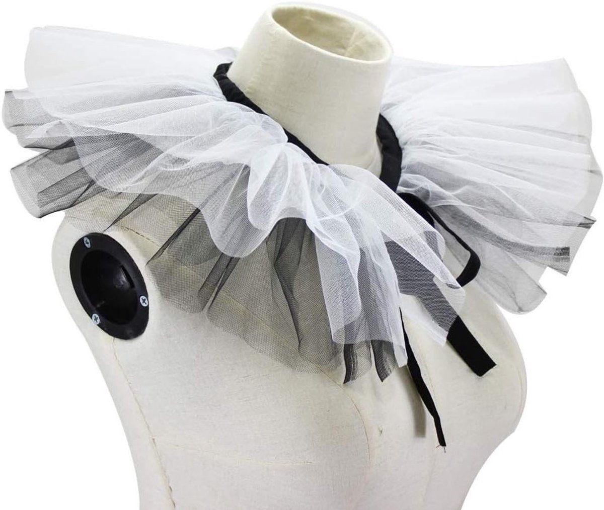 Vrouwelijke Zwarte en Witte Faux Tulle Kraag met Rimpels voor Halloween en Carnavalskostuums, Decoratieve Kraag voor Cosplay Accessoires