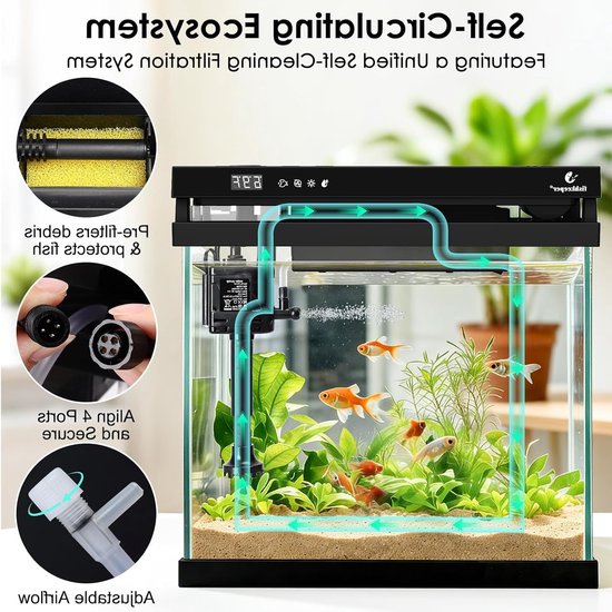 5-in-1 Mini Aquarium Starter Set met LED Verlichting, Automatische Voeding en Zelfreinigende Pomp, 8.6L Nano Aquarium Compleet met Aromatherapie en Onderhoudsvriendelijk Ontwerp — afbeelding 2