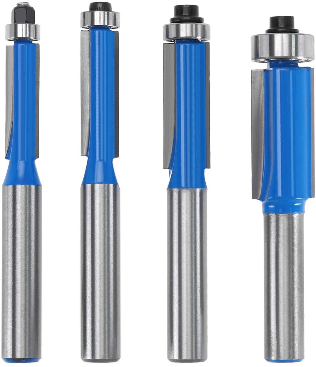 Jhubersproducts - Flush Trim Router Bit Set - Houtbewerking - 4 Stuks - 8mm Schacht - Frees Tool - Snijdiameters 1/4 tot 1/2 Inch - Geschikt voor Trim