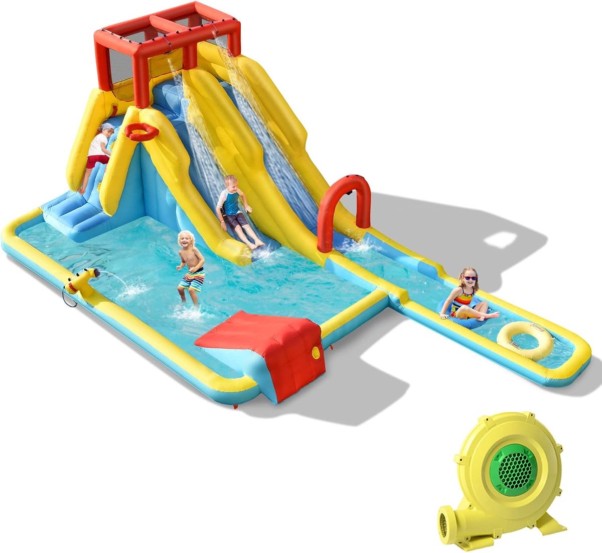 COSTWAY Springkasteel met 680 W ventilator, waterglijbaan, klimwand, basketbalmand, waterpark voor buiten, incl. opblaasbare basketbal, zwemringen, draagtas en reparatieset