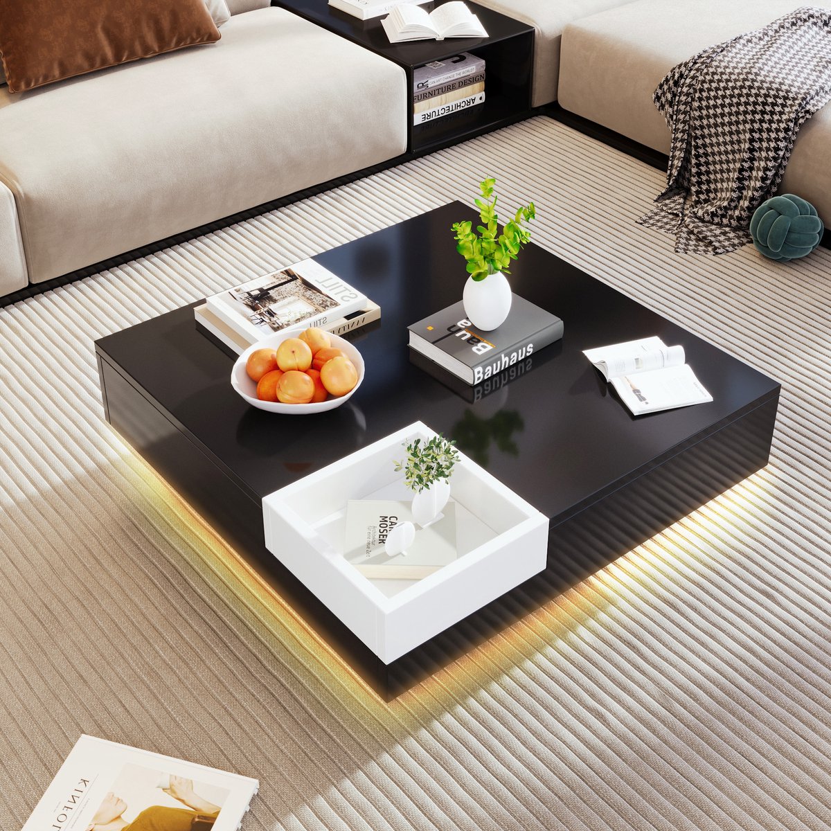 Salontafel - Sofa tafel - bijzettafel met opbergruimte - Woonkamer tafel - LED Verlichting - 72x72x30 cm - Noordse stijl - Zwart
