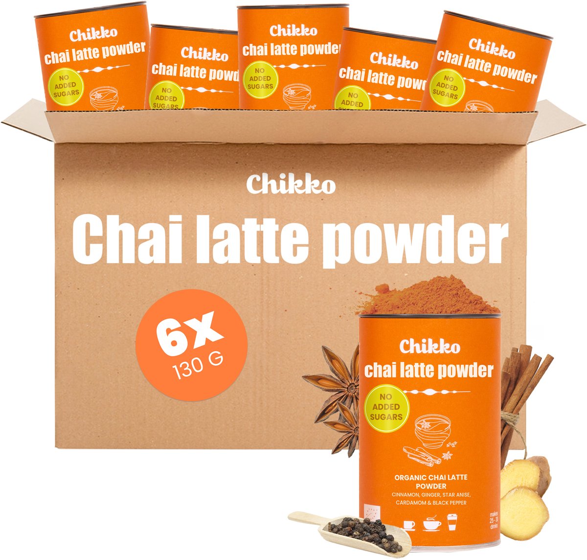Chikko Not Coffee Biologische Chai Latte Poeder 6x130g - Kruidenmix - Zonder Additieven - 100% Europese Ingrediënten - Voor Ontspannende Momenten