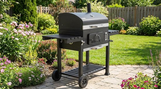 Houtskool BBQ Grillwagen XXL - Staande Barbecue met Deksel & Thermometer, In Hoogte Verstelbare Kolenbak, Warmhoudrooster, Ventilatie & Zijtafels - House&Garden Pro Smoke Station XXL - 153x73x137 cm (Grijs) — afbeelding 3