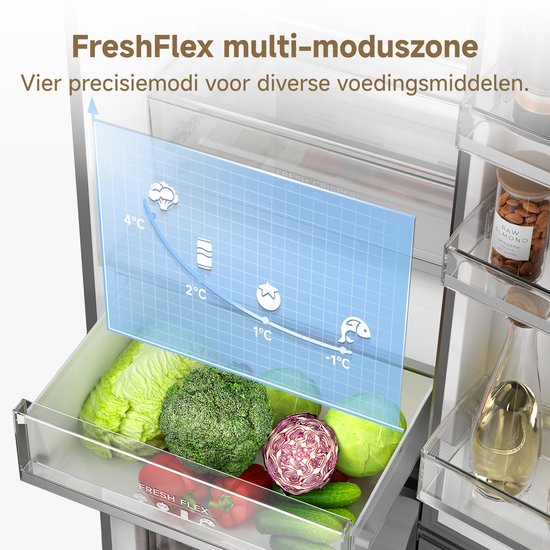 Lade in de koelkast met diverse groenten, zoals sla, broccoli en rode kool. Een grafiek toont temperatuurzones.