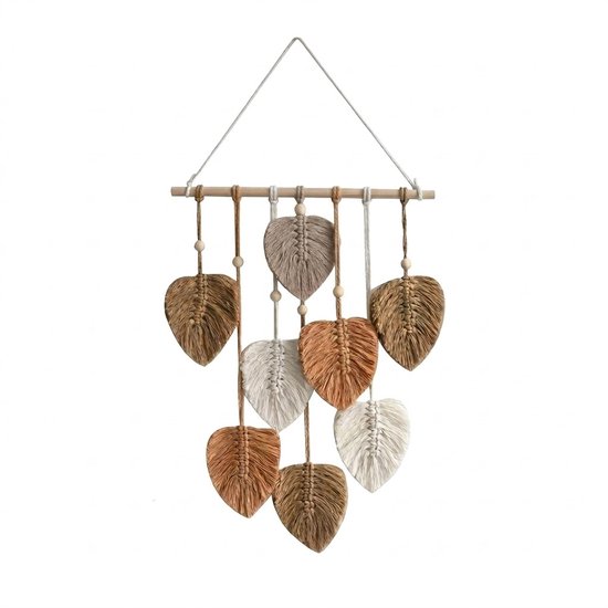 Tentures murales feuilles marron blanc unisex tissées à la main décoration suspendue avec cordes perles et bâton en bois 25x55 cm décoration murale boho textile