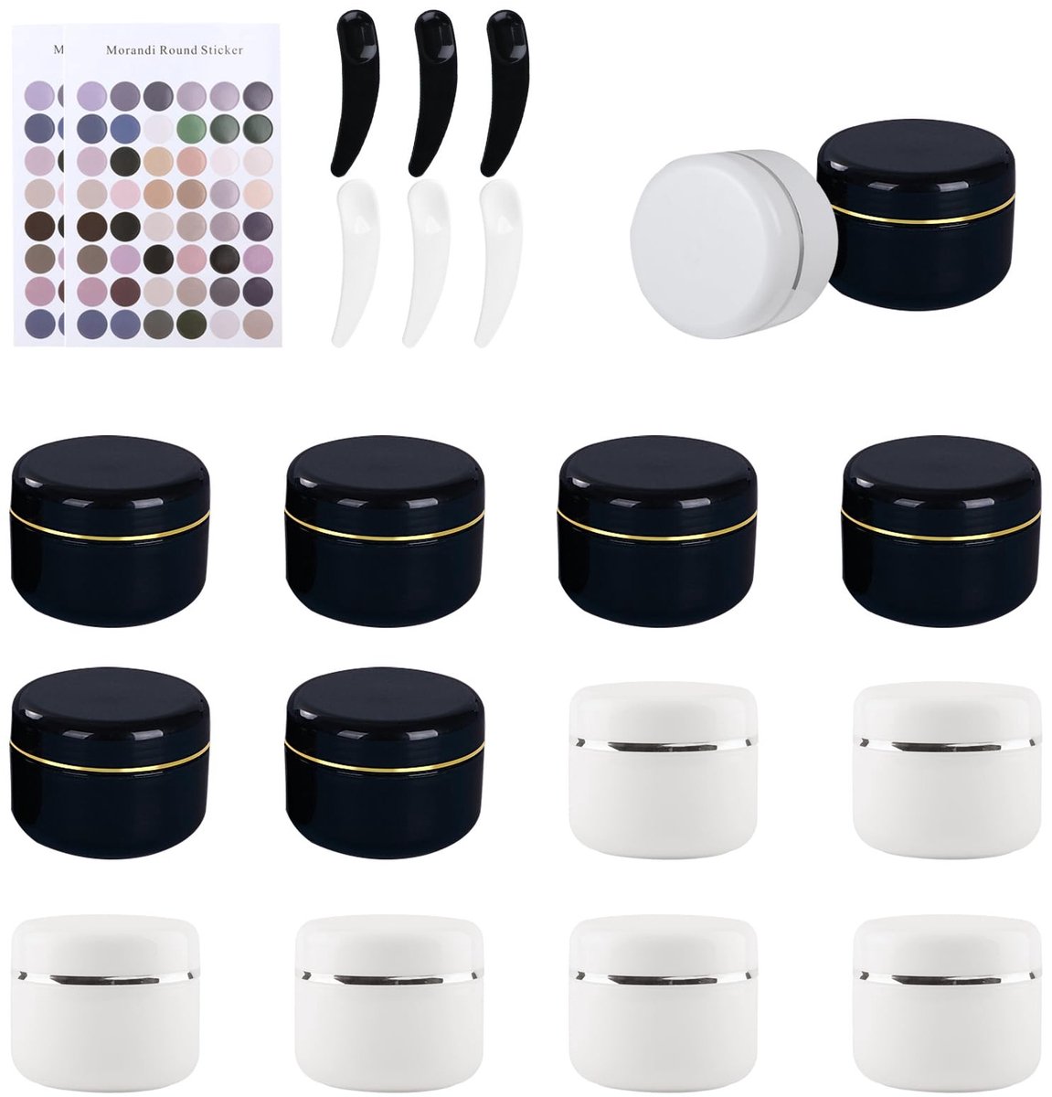 Jhubersproducts - Reiscrème Set - 50 ml Potjes - 14 Stuks - Zwart en Wit - Lege Glazen met Spatel - Perfect voor Reizen - Cosmetica Organizer