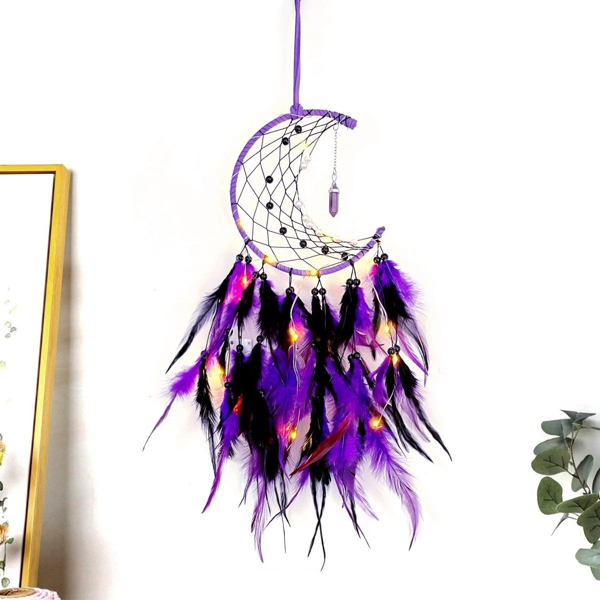 Zeynomax - Maan dromenvanger - LED-verlichting - Paars zwart - Dromenvanger voor meisjes vrouwen - Slaapkamer decoratie - Huwelijkscadeau