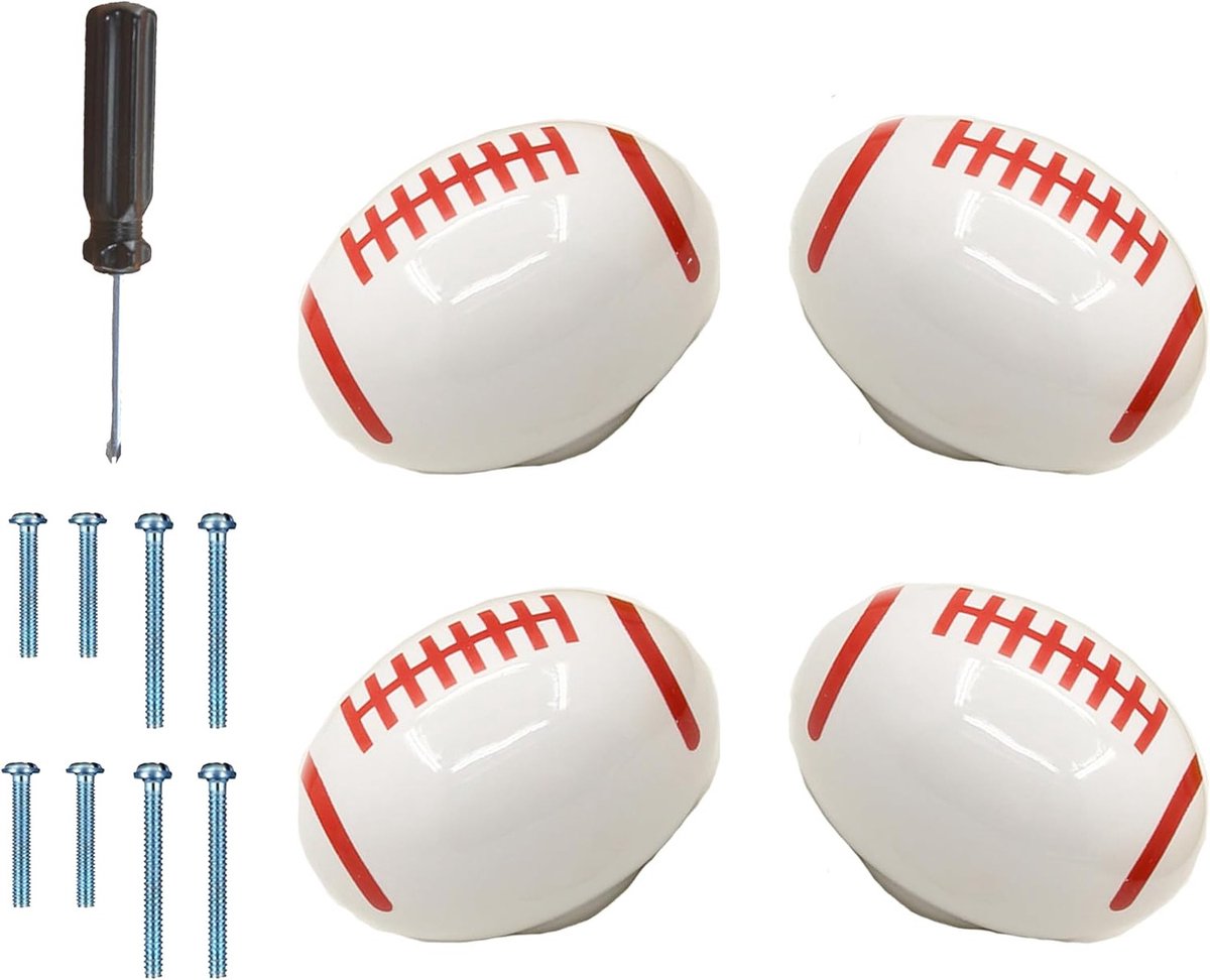Set van 4 Witte Rugbybal Keramische Kastknoppen voor Keuken, Slaapkamer en Kasten