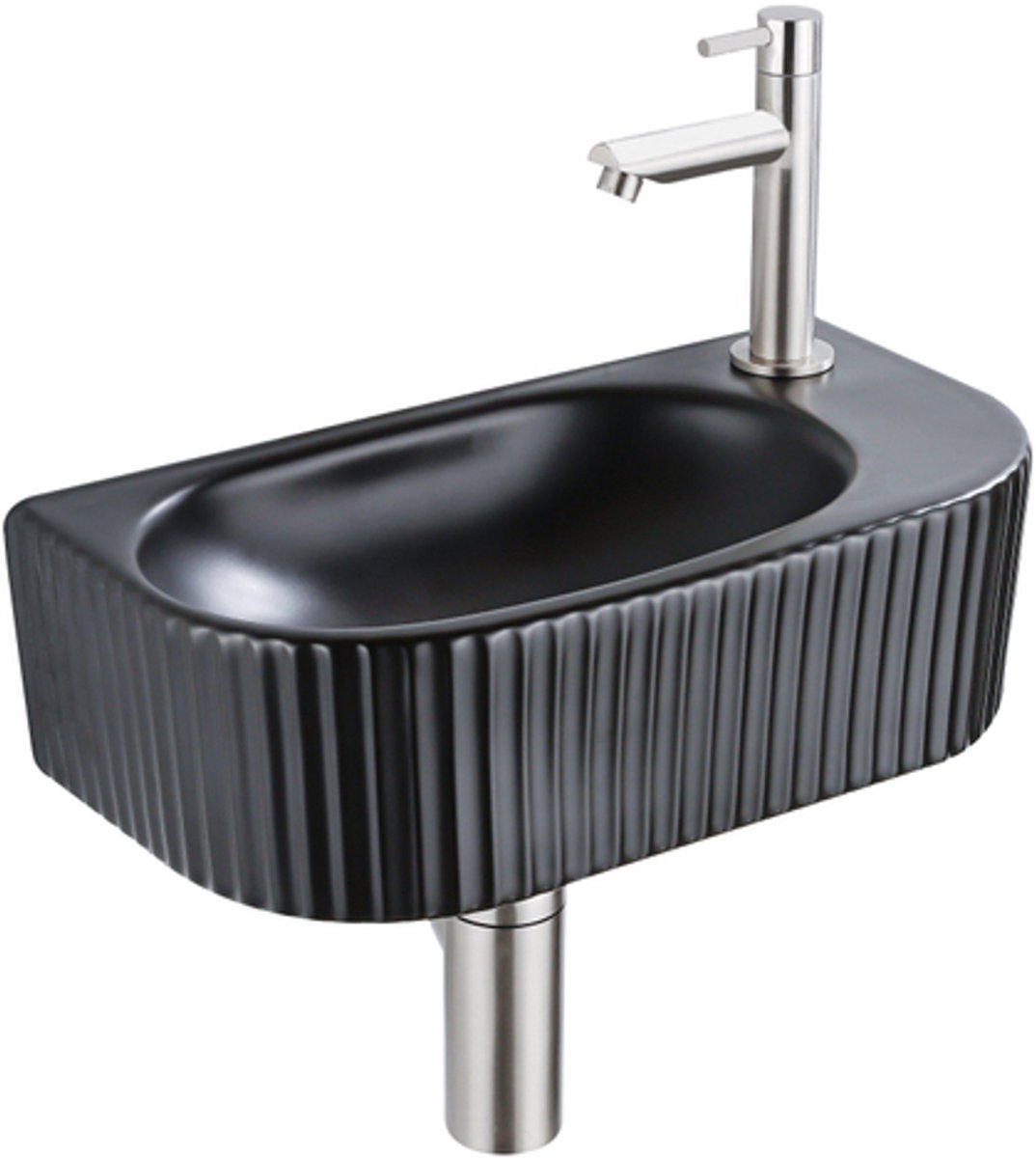 QeramiQ Fuente fonteinset – halfrond – 40x21.5x12 cm – kraangat rechts – kraan geborsteld RVS – geribbeld