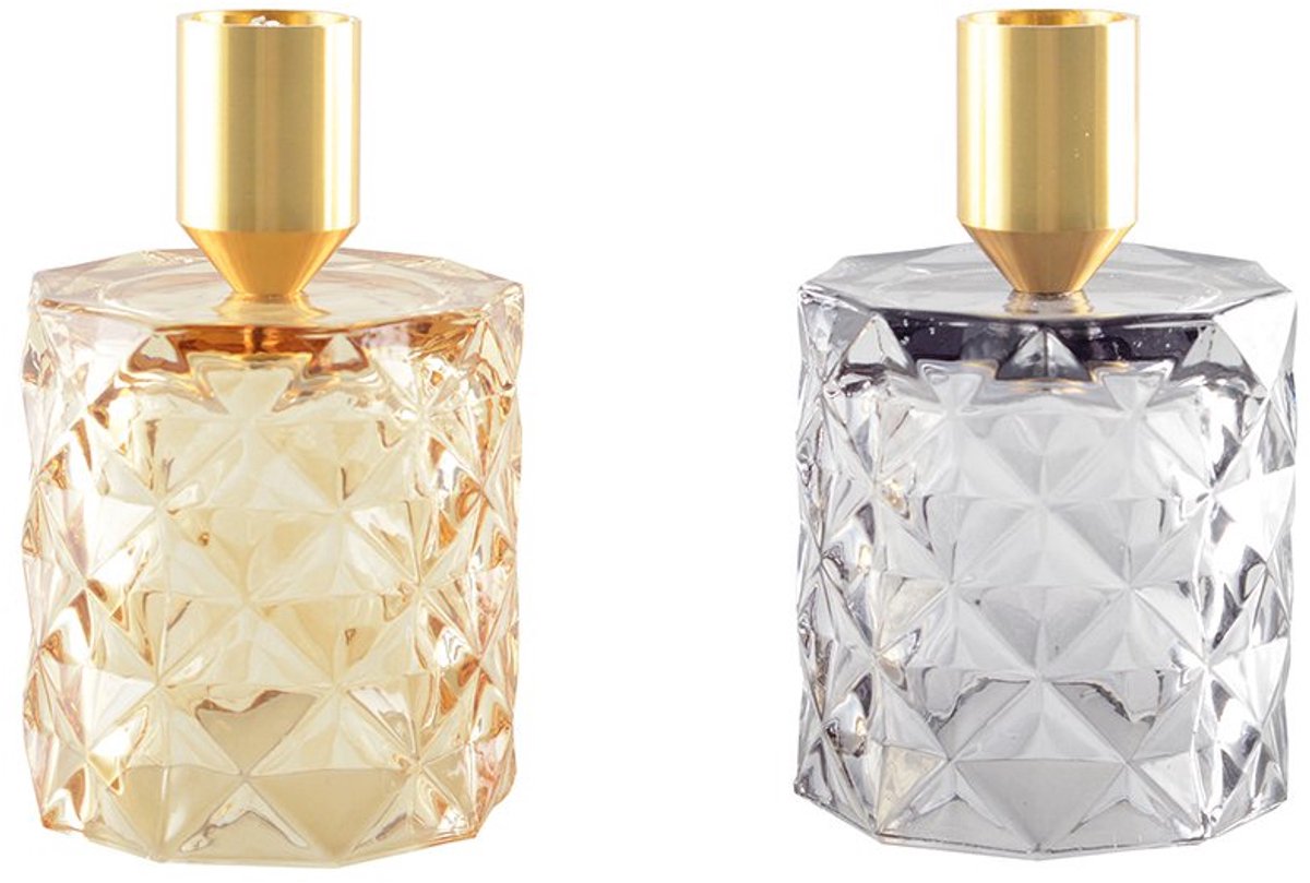 Aulica Set gele en paarse bubbel kandelaars - 6,5x6.5x11cm - Set 2 stuks Goud - Geel - Paars