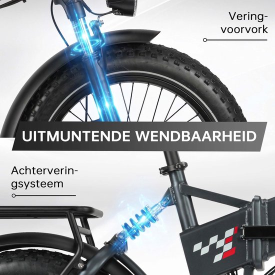 Elektrische fiets met vering voorvork en achterveersysteem. Biedt uitmuntende wendbaarheid.