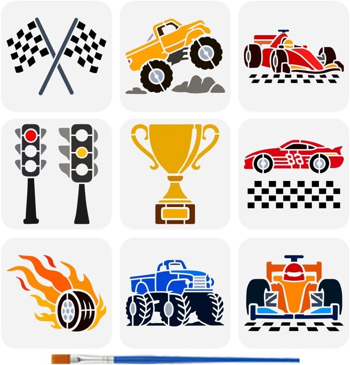 9 Stijlen Raceauto Sjablonen 15x15CM voor Schilderen, Monster Trucks, Vlaggen en Verkeerslichten met Kwast voor Hout en Stof