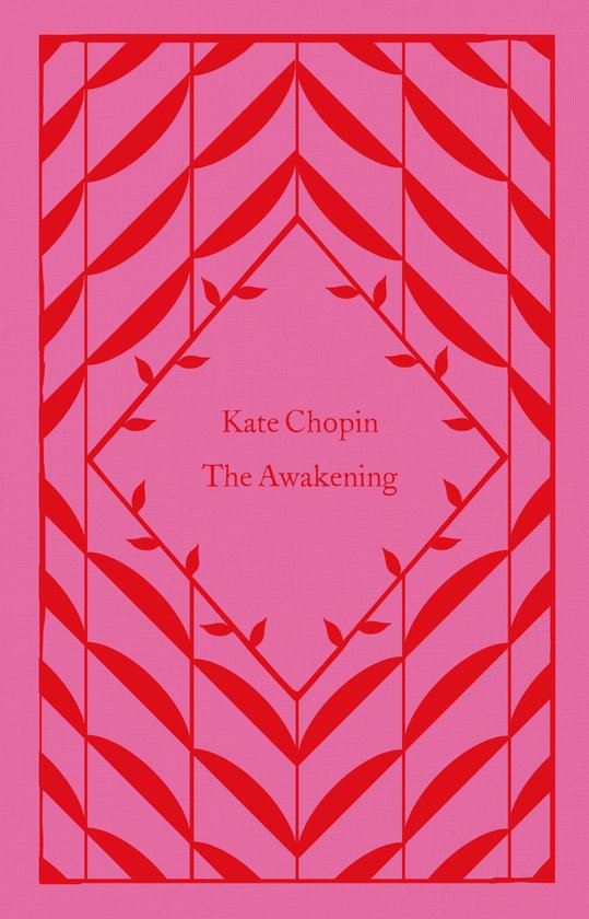Boekomslag met rode bladerpatroon op roze achtergrond. Titel: Kate Chopin The Awakening.