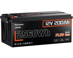 Humsienk LiFePO4 12V 200Ah Plus – Hoogwaardige Lithium Batterij voor Camper, Boot en Off-Grid Systemen met 250A BMS, 3200W Continu Vermogen, IP65 Bescherming en 6000+ Levenscycli